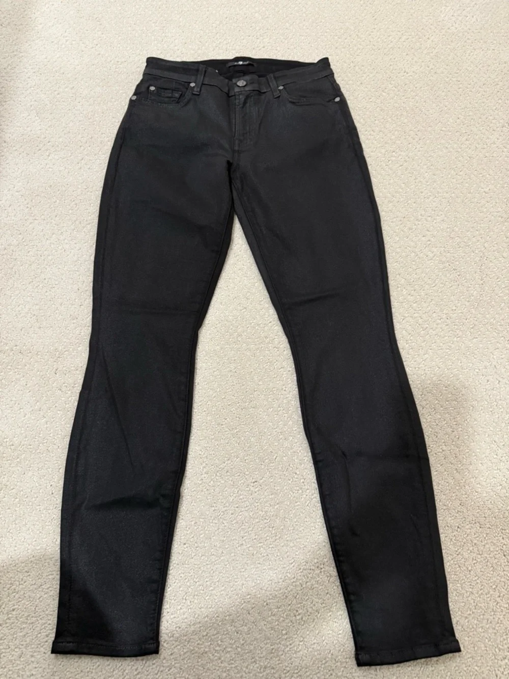 7 For All Mankind Black Coated Skinny Jeans Size 28 Mid Rise Stretch Denim